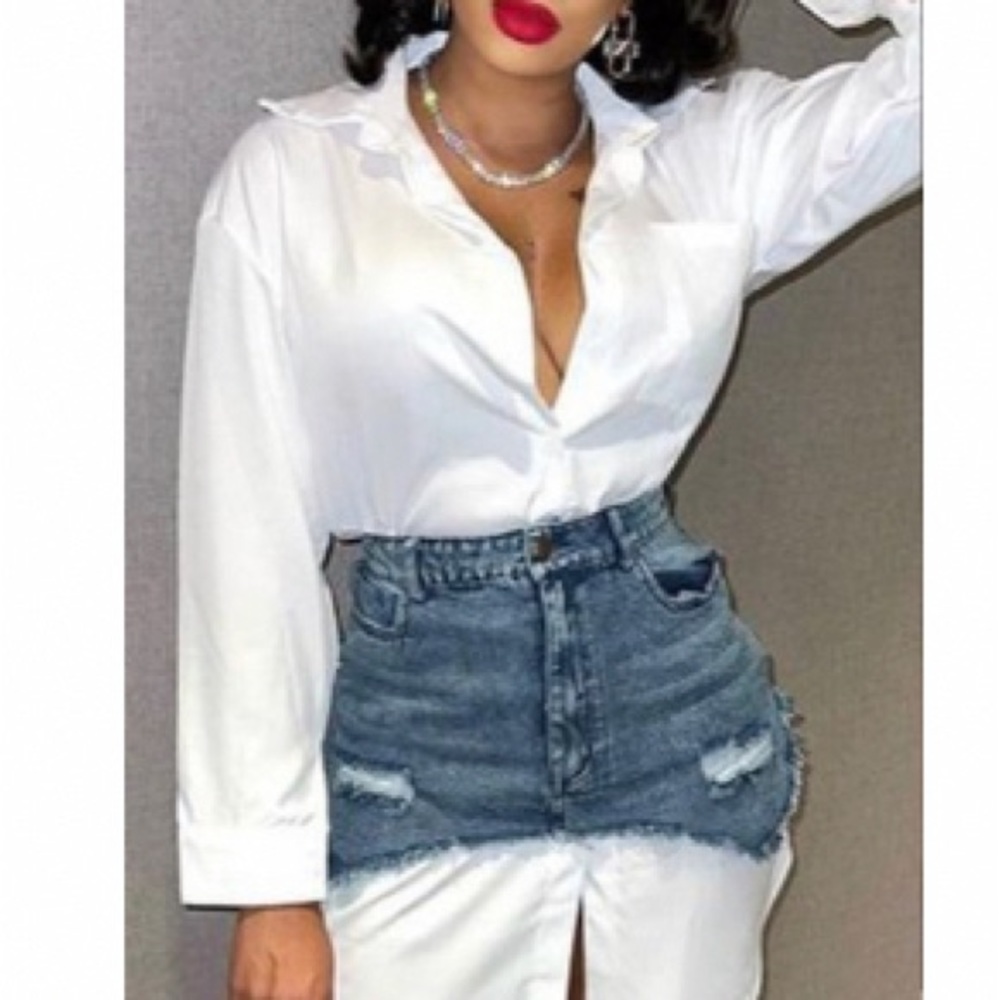 White and blue Jean button down dress set